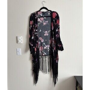 Torrid Open Front Kimono Womens XL Asia Inspired Floral‎ Crane FRINGE Black Red
